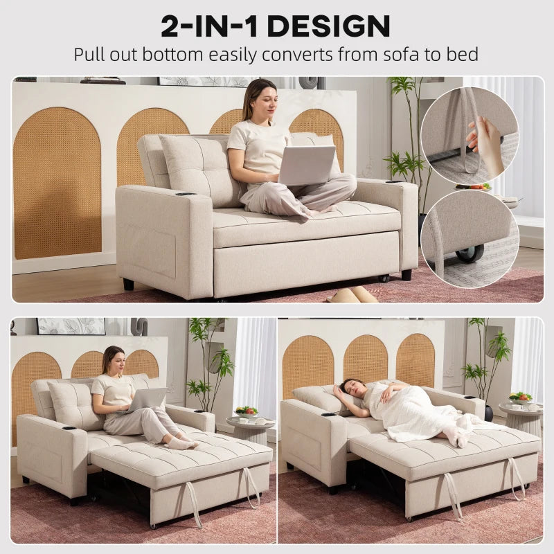 Beige Two-Seater Pull-Out Sofa Bed for Small Spaces