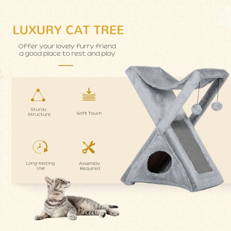 Two Tier Cat Tree for Indoor Cats - Plush Folding Activity Tower with Scratching Post, Hammock & Pom Poms - Grey
