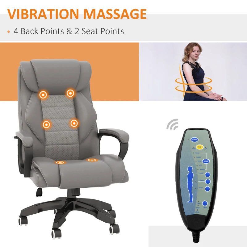 Vinsetto Grey Office Chair with 6-Point Massage & Back Heat, Ergonomic PU Desk Chair with Padded Seat & Tilt Function