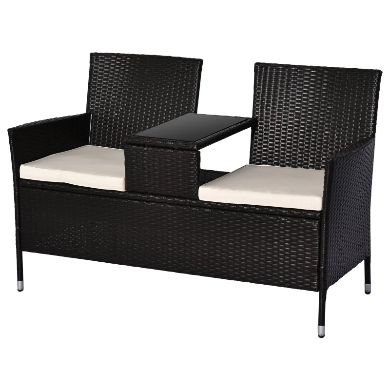 Dark Brown Rattan 2-Seater Outdoor Patio Loveseat with Drink Table
