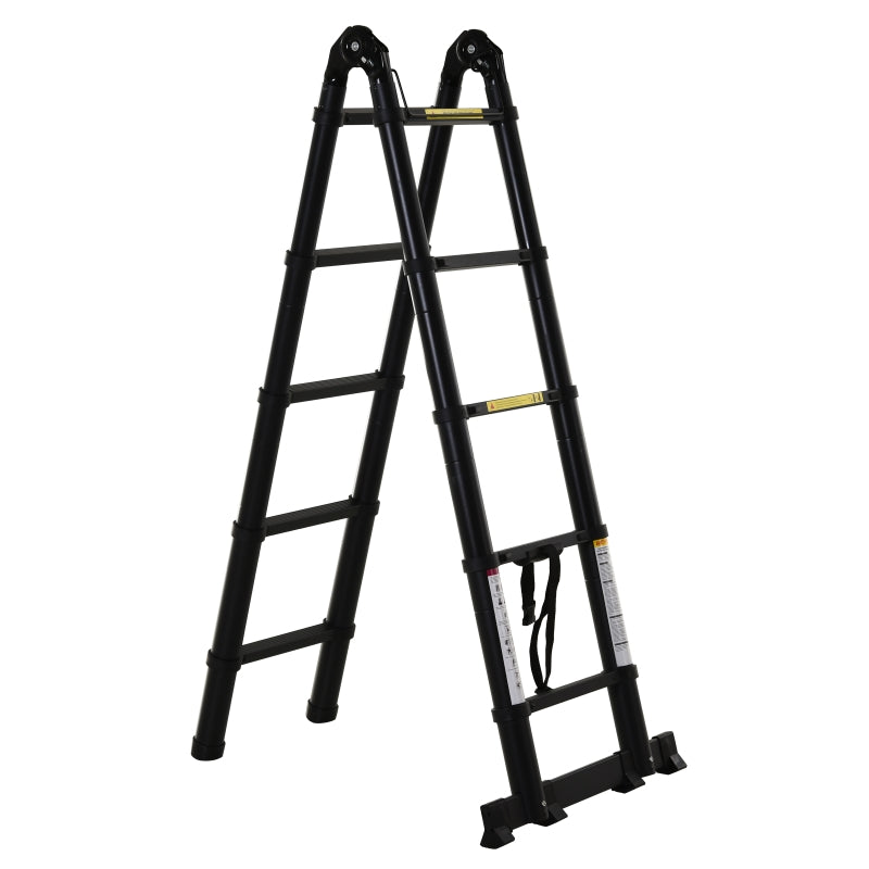 Black 10-Step Telescopic Aluminium Ladder for Home