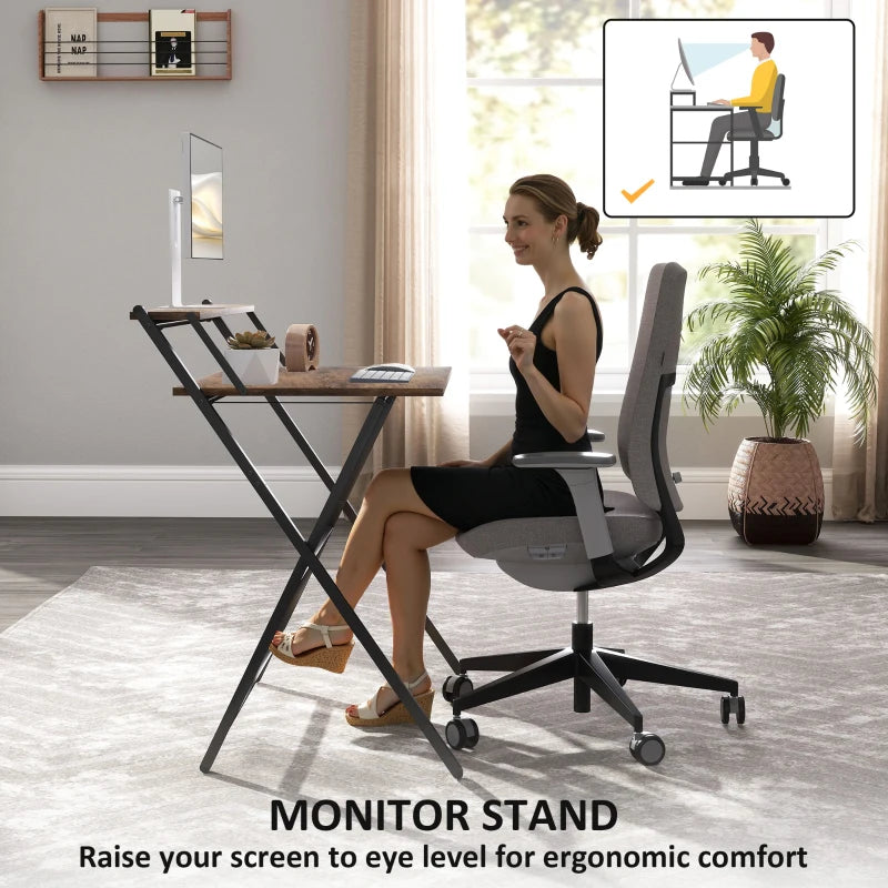 81.5 cm Rustic Brown Folding Computer Desk with Monitor Shelf - Space-Saving Home Office Furniture