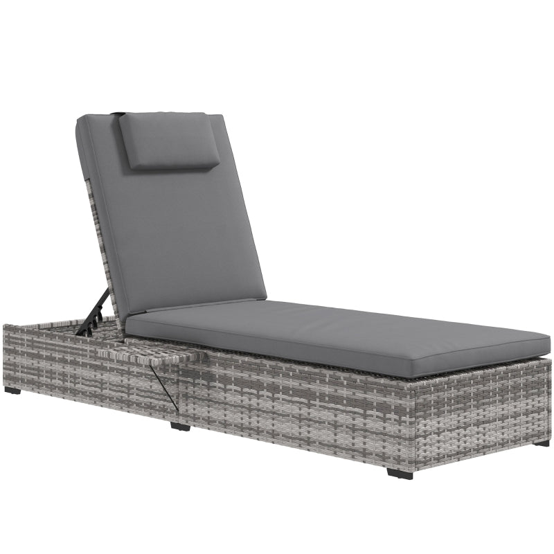 Grey Rattan Sun Lounger with Cushion & Tea Tray - 5-Level Reclining Outdoor Patio Furniture