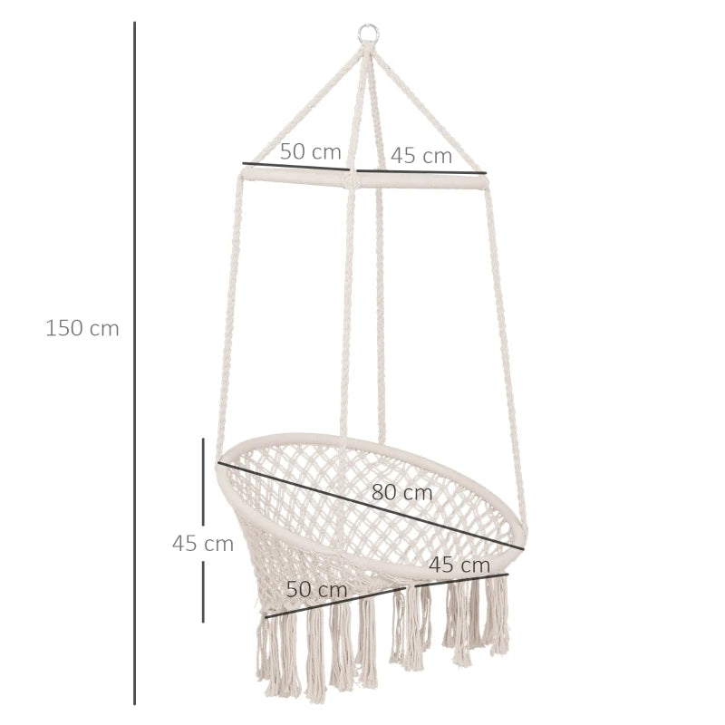 Beige Macrame Hanging Rope Chair with Tassels - Portable Garden Seat