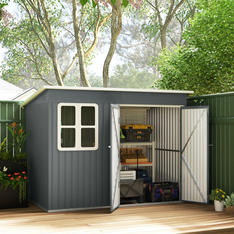 8.5 x 6ft Dark Grey Galvanised Steel Storage Shed - Metal Garden Shed with Foundation Kit, Window, Lockable Wide Doors & Air Vents for Outdoor Patio