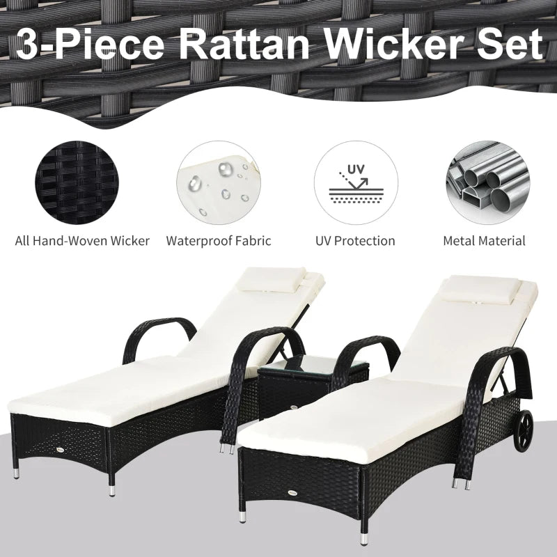 Black Rattan 2-Seater Sun Lounger Set with Side Table