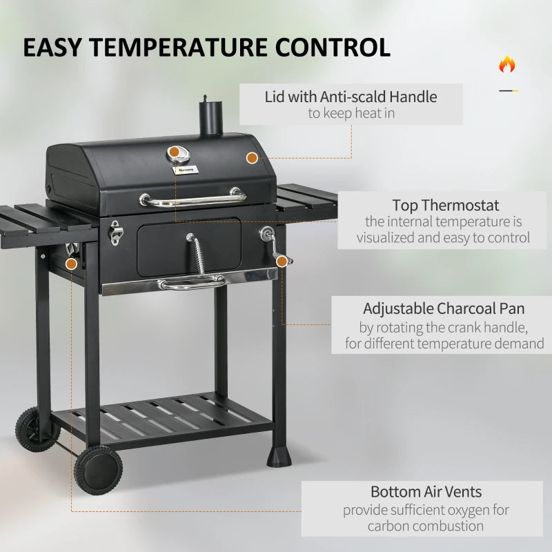 Charcoal BBQ Grill with Wide Cooking Surface and Convenient Features, Black