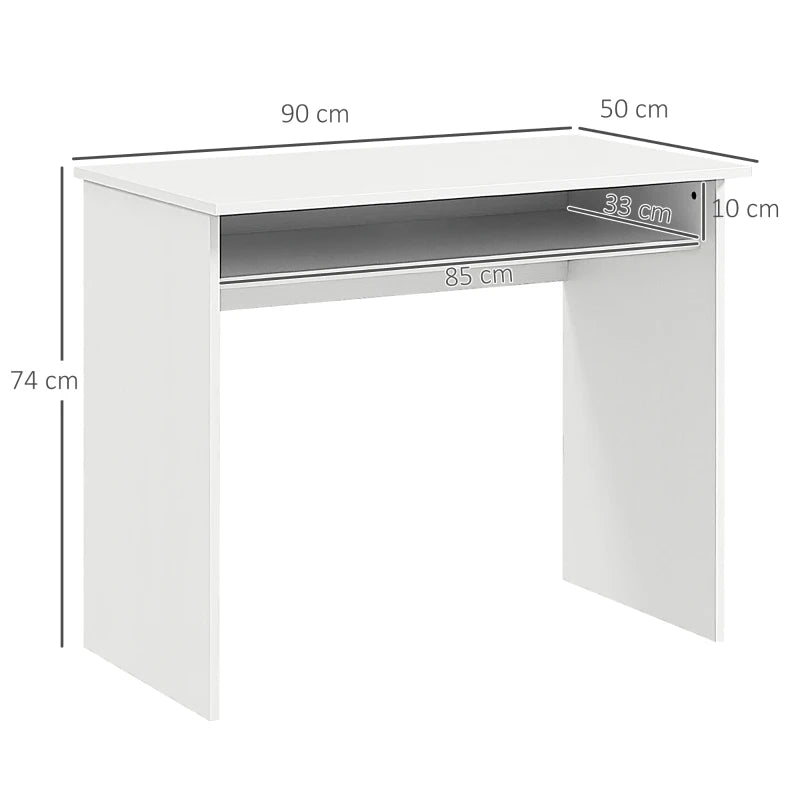 Modern White Wood Grain Computer Desk - Small Home Office Writing Table with Storage Shelf, 90 x 50cm