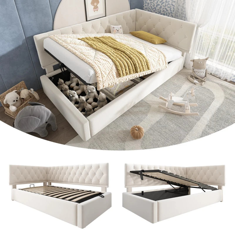 Upholstered Daybed Sofa Bed with Hydraulic Storage Ottoman, Reversible Headboard, 196x100x77 cm, Beige - Stylish & Functional