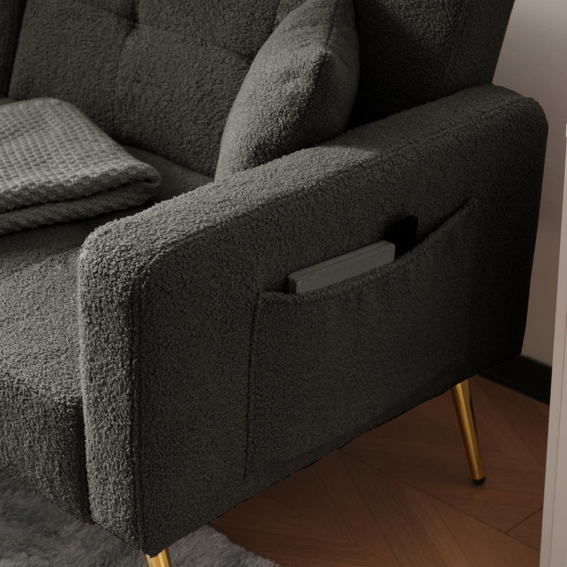 Stylish Modern Loveseat Sofa Bed with Adjustable Backrest, Gold Legs, and Side Storage Pockets in Dark Grey