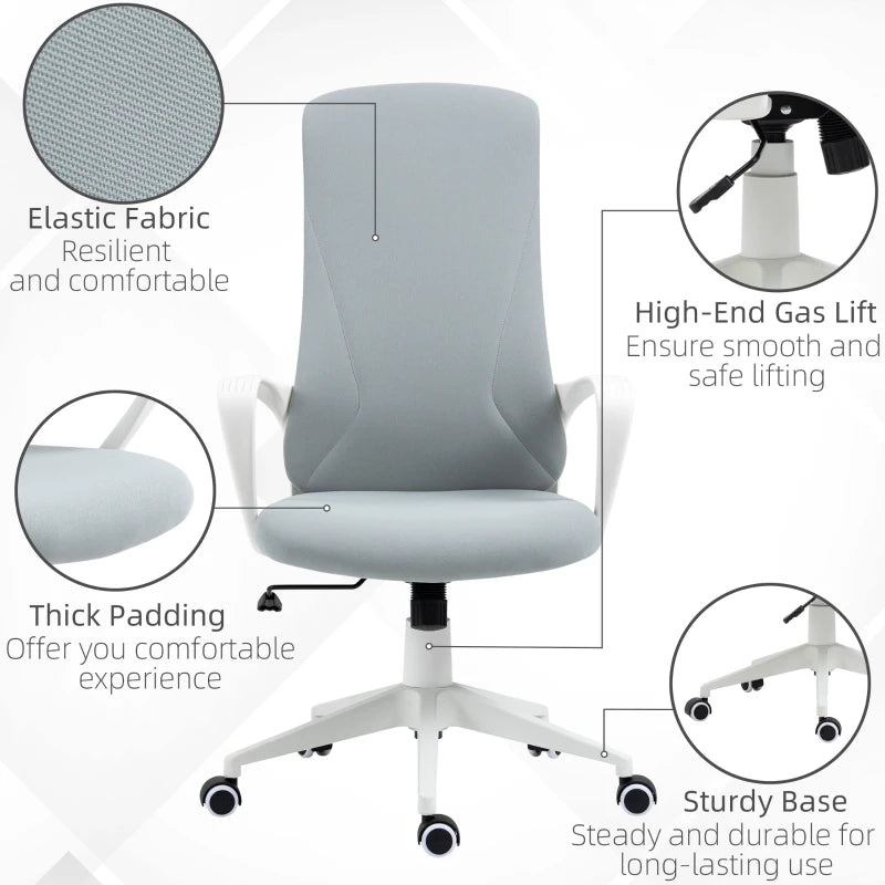 Vinsetto High Back Office Chair - Adjustable Fabric Desk Chair with Armrests, Swivel Wheels, Light Grey - Ergonomic Comfort