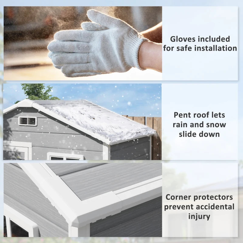 6ft x 4ft Grey Plastic Garden Shed with Floor, Window, Lockable Door and Vents - Wood Effect Resin Tool Storage for Outdoor Use