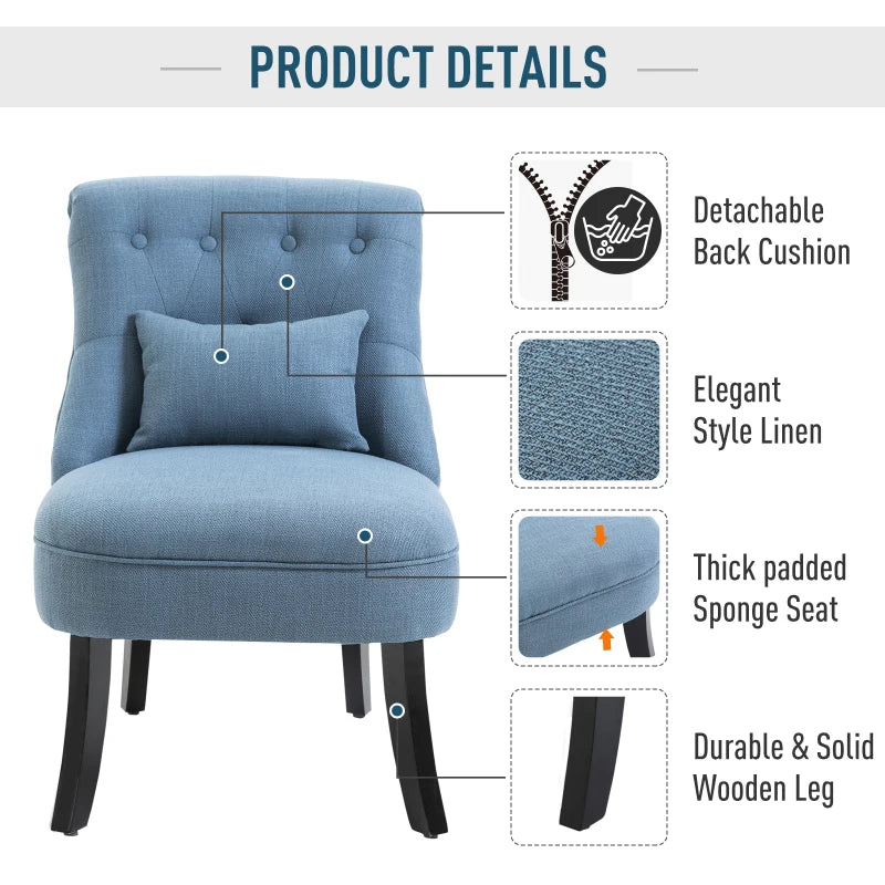 Upholstered Fabric Single Sofa Dining Chair with Pillow and Solid Wood Legs for Living Room, Blue