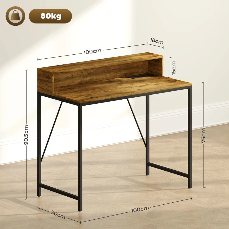 100cm Rustic Brown Computer Desk with LED Lights & Power Outlets, Gaming Table with Monitor Stand & Remote for Home Office