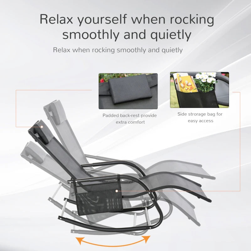 Black Outdoor Rocking Chair with Mesh Fabric, Headrest, Armrest, Storage Bag