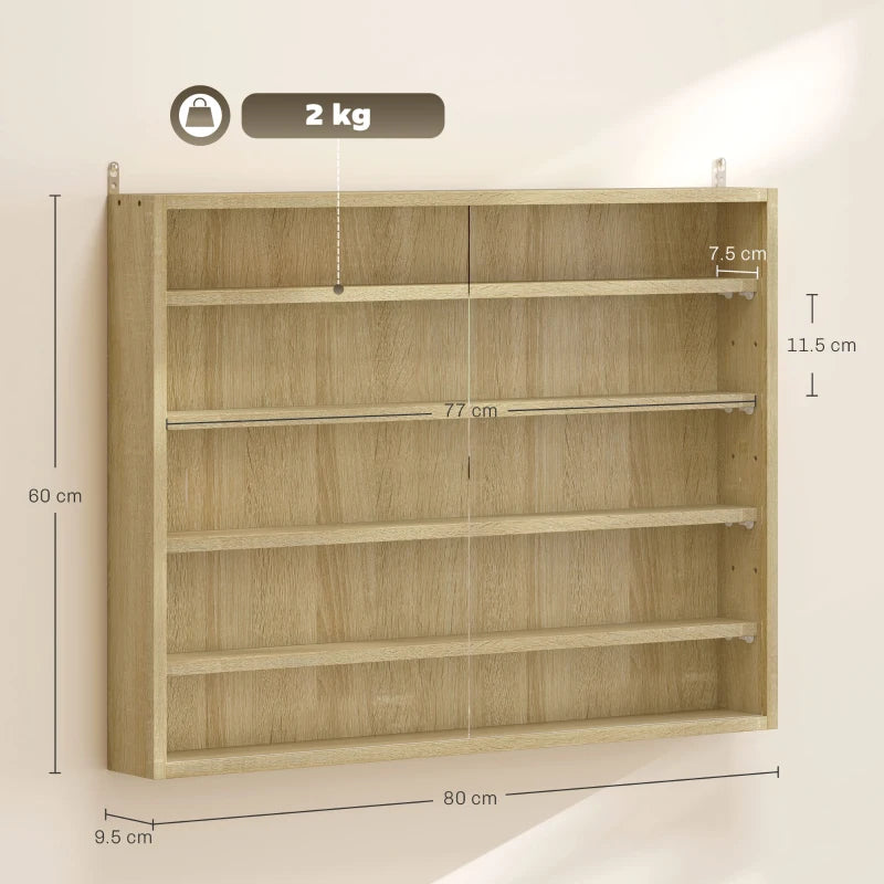 5-Tier Oak Wall Display Shelf Unit with Glass Doors & 4 Adjustable Shelves - Perfect for Home Office Ornaments 60x80cm