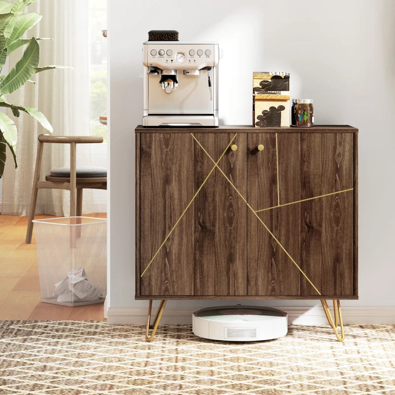 Modern Luxury Sideboard Storage Cabinet with Golden Lines, Adjustable Shelf, Steel Hairpin Legs - Brown Living Room Furniture