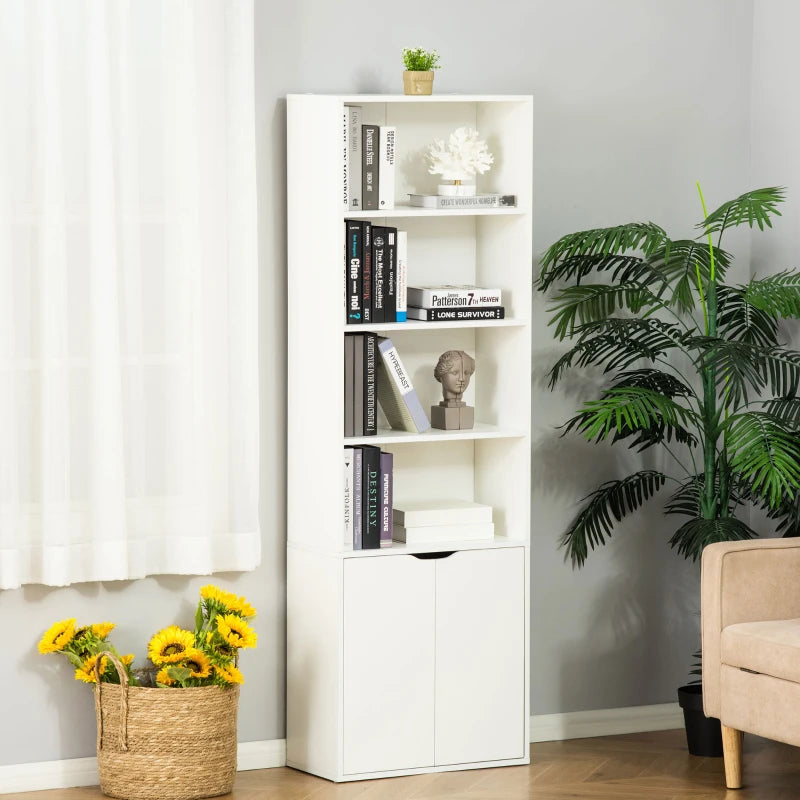 6-Tier Tall Bookcase with 4 Open Shelves & Double Door Storage Cabinet - Freestanding Display Rack for Living Room, Bedroom, Home Office - White