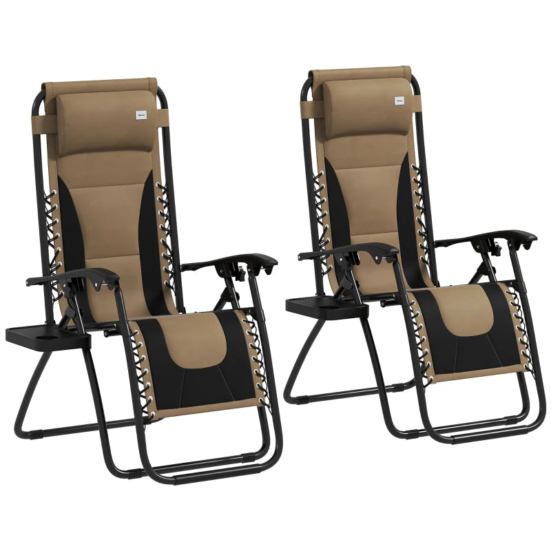 Grey Sun Lounger Chair Set of 2 - Folding Reclining Patio Chairs with Padded Seat, Soft Cushion, Headrest, and Cup Holder