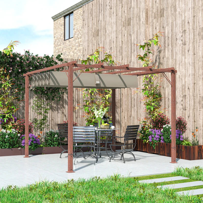 3 x 3 m Retractable Roof Pergola - Natural Wood Finish, Outdoor Shade Canopy