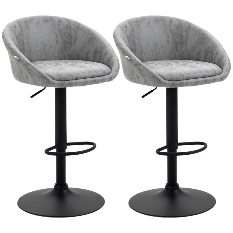 Modern Height Adjustable Bar Stools Set of 2 - Swivel PU Leather Chairs with Backrest, Armrests & Footrest - Light Grey