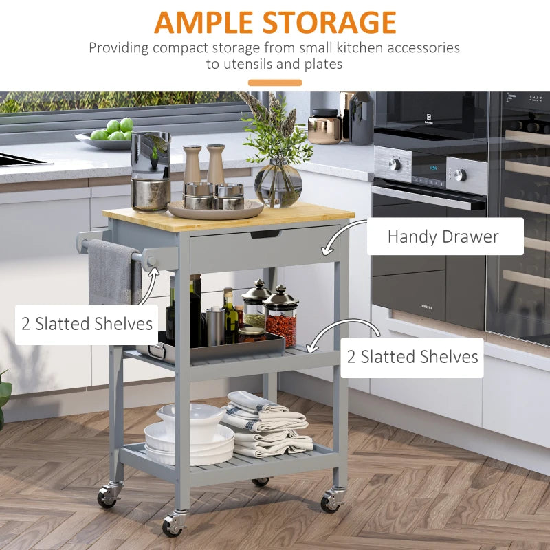 Grey Kitchen Trolley Utility Cart on Wheels with Rubberwood Top, Towel Rack, Storage Shelves & Drawer for Dining Room