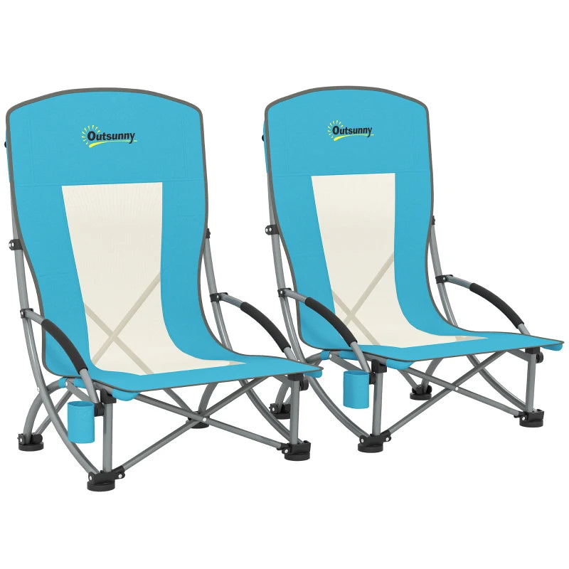 Set of 2 Low Folding Beach Chairs with Mesh Back Carry Bag and Cup Holder for Outdoor Camping Garden Picnic Travel Blue
