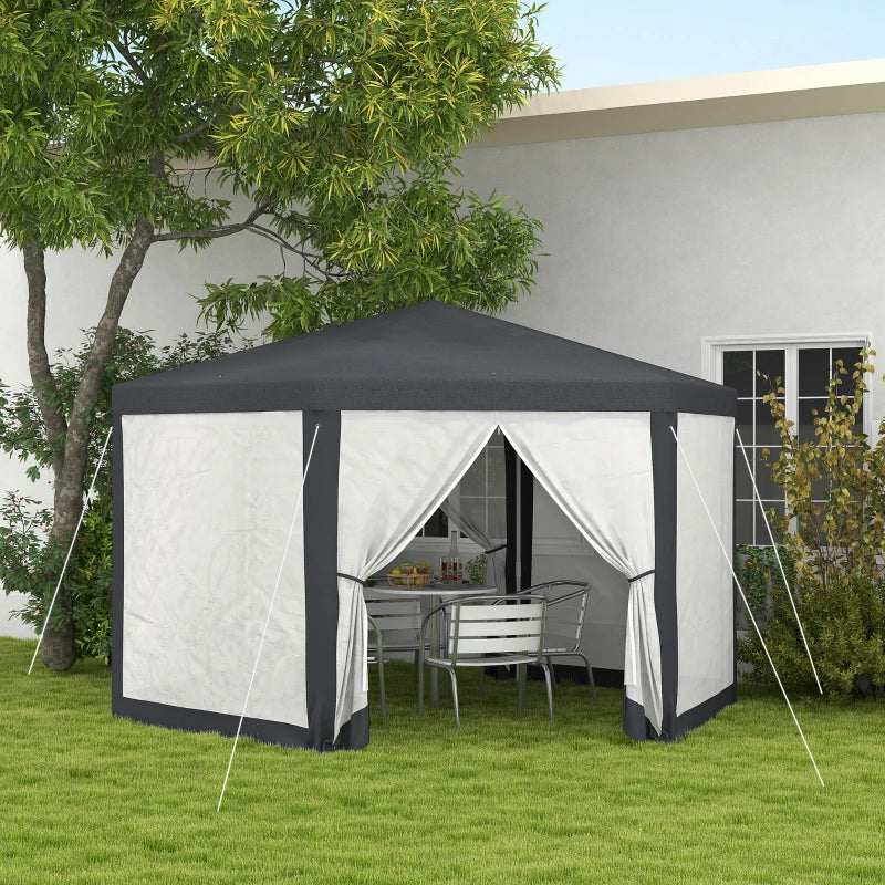 4M Dark Grey Hexagon Gazebo with Netting - Outdoor Party Tent Canopy for Events and Activities, Shade Resistant