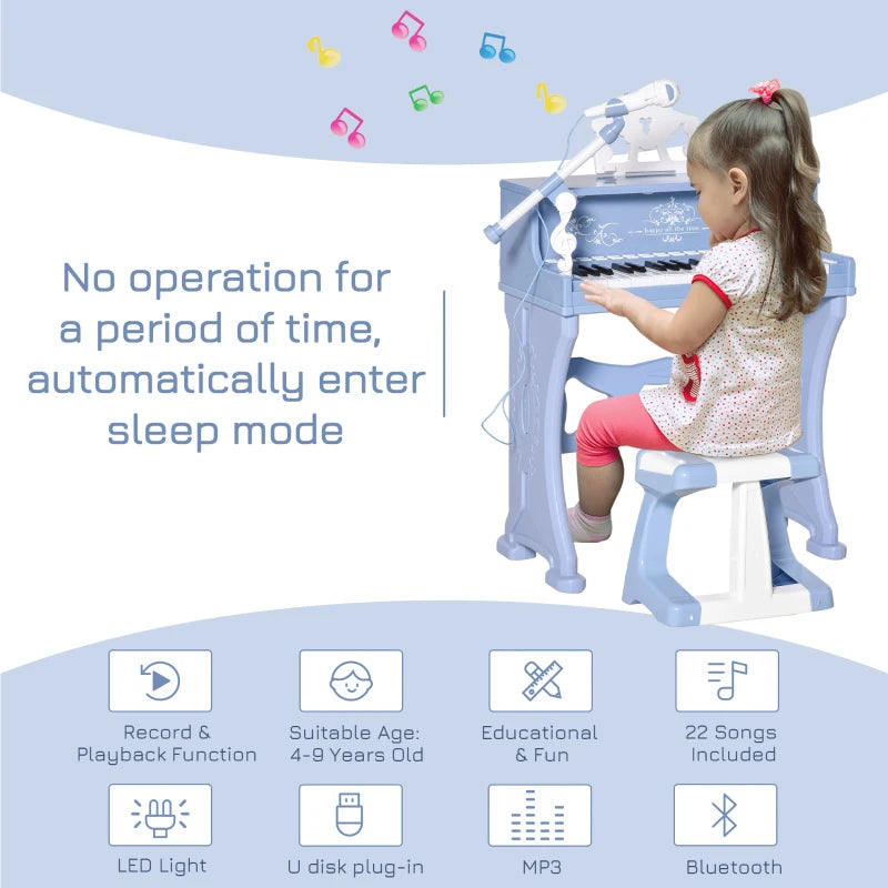 Kids Mini Electronic Piano Keyboard Set - Educational Musical Instrument with Stool, Microphone & Music Stand - Blue Grand Piano Toy