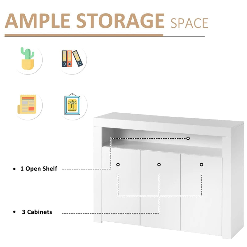 Modern White Sideboard Cabinet with LED Lights - High Gloss 3-Door Kitchen Unit, Remote Control, 130x35x95 cm