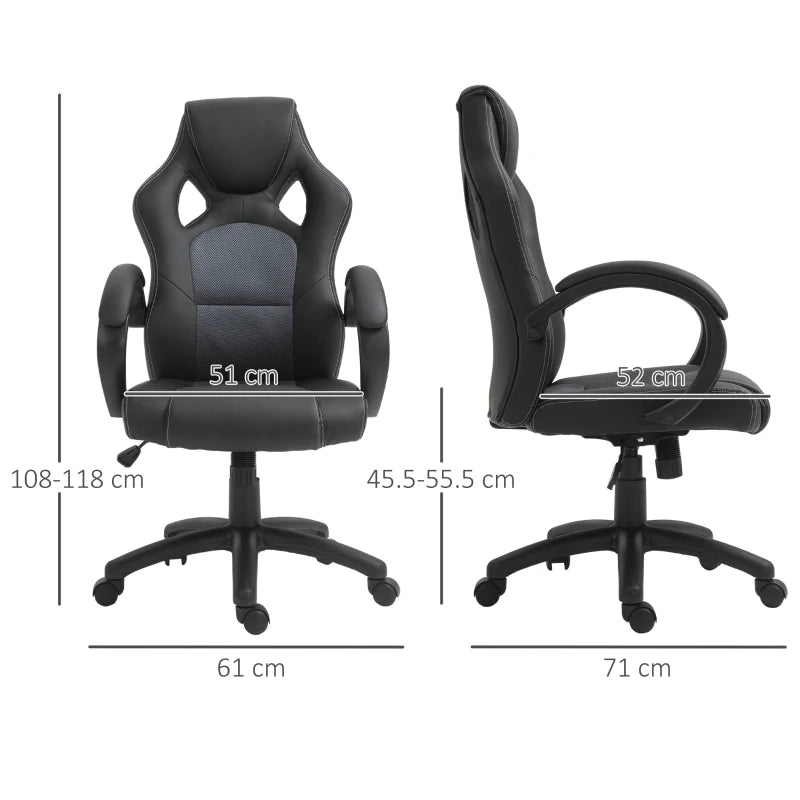 Vinsetto Black Faux Leather Swivel Office Chair with Wheels & Armrests - Ergonomic Computer Desk Chair for Home Office