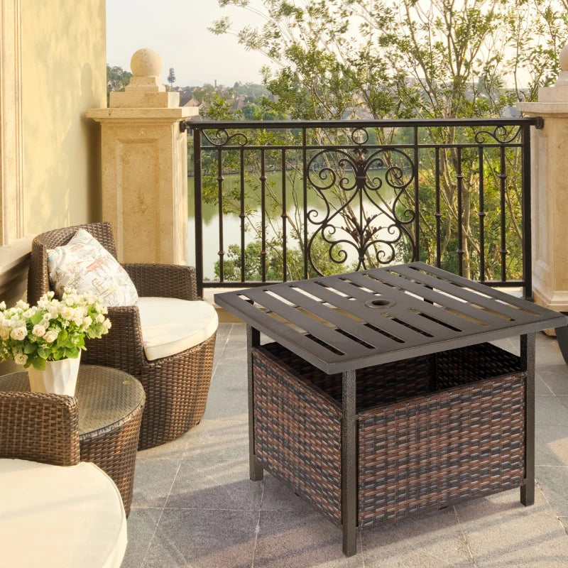Brown Rattan Wicker Patio Coffee Table with Umbrella Hole for Garden