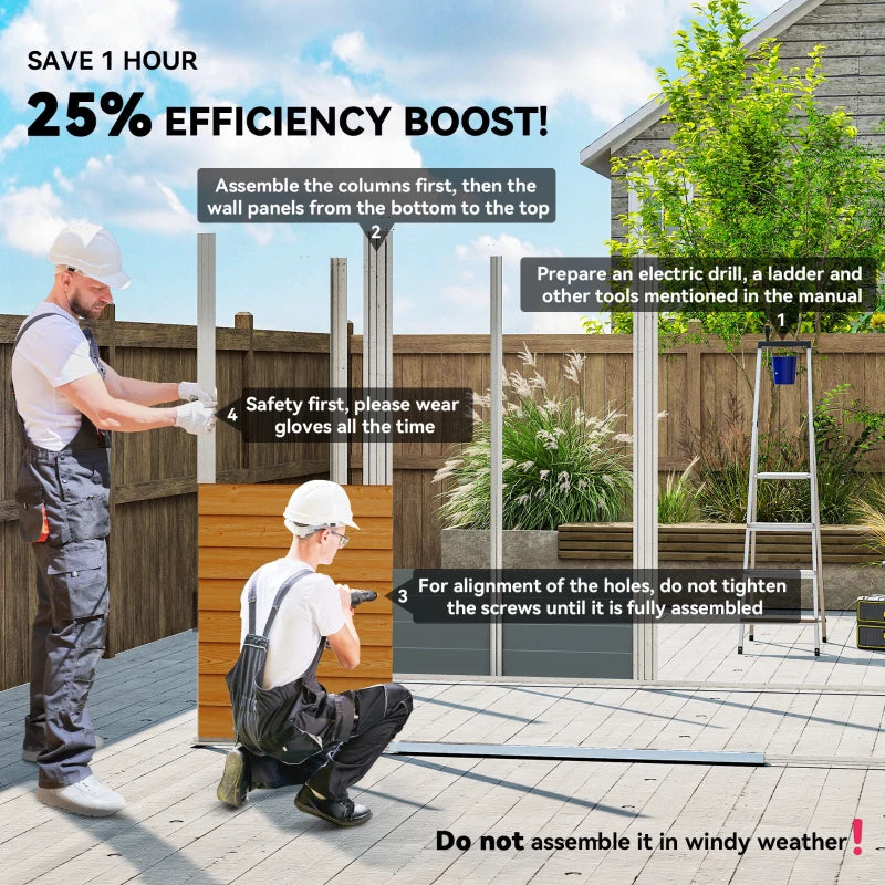 Brown 9ft x 6ft Metal Garden Shed - Garden Tool Storage Space with Vents, Sliding Doors & Sloped Roof