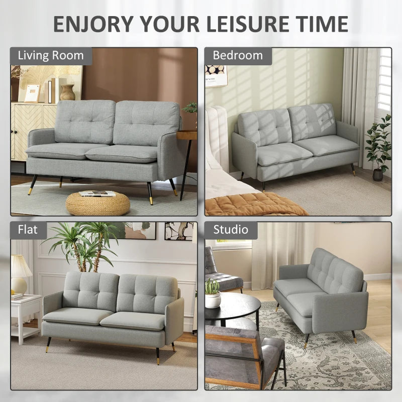 Modern Grey Two-Seater Sofa with Button Tufting and Cushions for Living Room or Guest Room