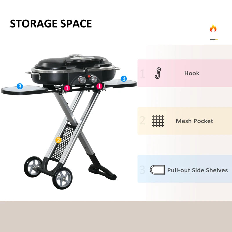 Foldable 2-Burner Gas BBQ Grill with Side Shelves - Black