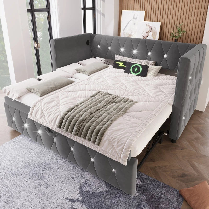 Elegant Velvet Upholstered Daybed with USB & Type C Ports, Pull-Out Trundle, Grey Sofa Bed for Bedroom, 203x101-194x76 cm