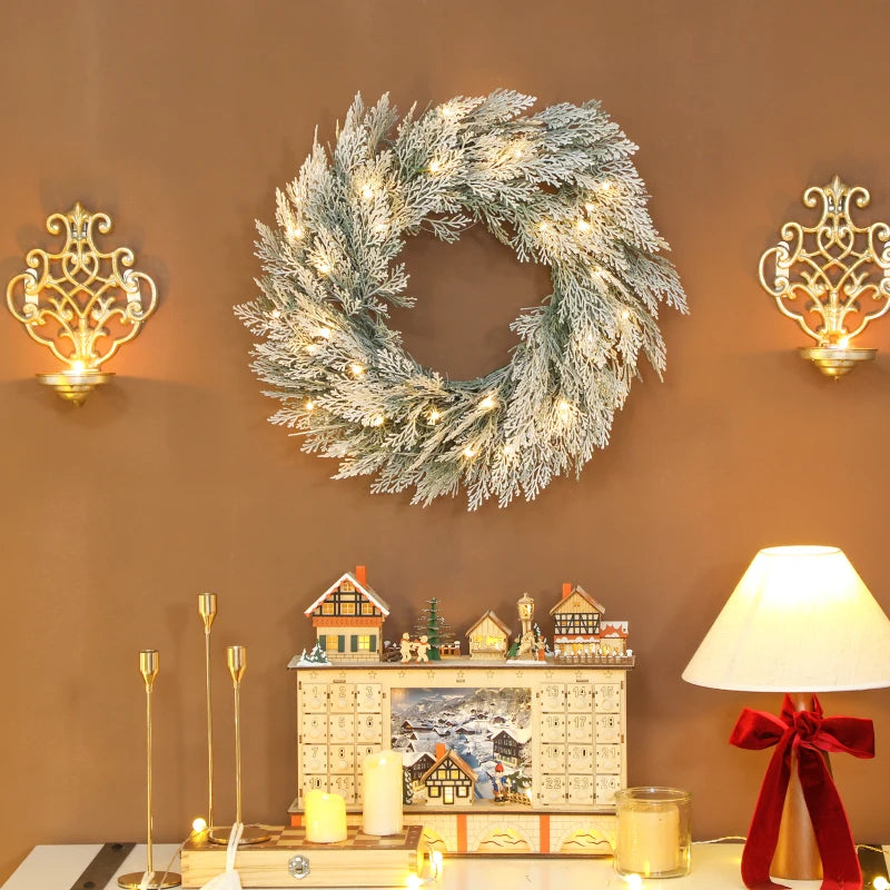 60cm Flocked Prelit Christmas Wreath - 24 Inch Holiday Decor for Festive Home Decoration