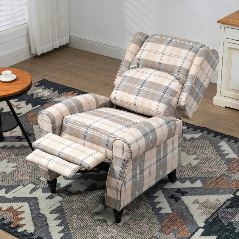 Khaki Wingback Recliner Armchair for Living Room with Pushback Mechanism, Round Armrests, Footrest and Rubber Wood Legs