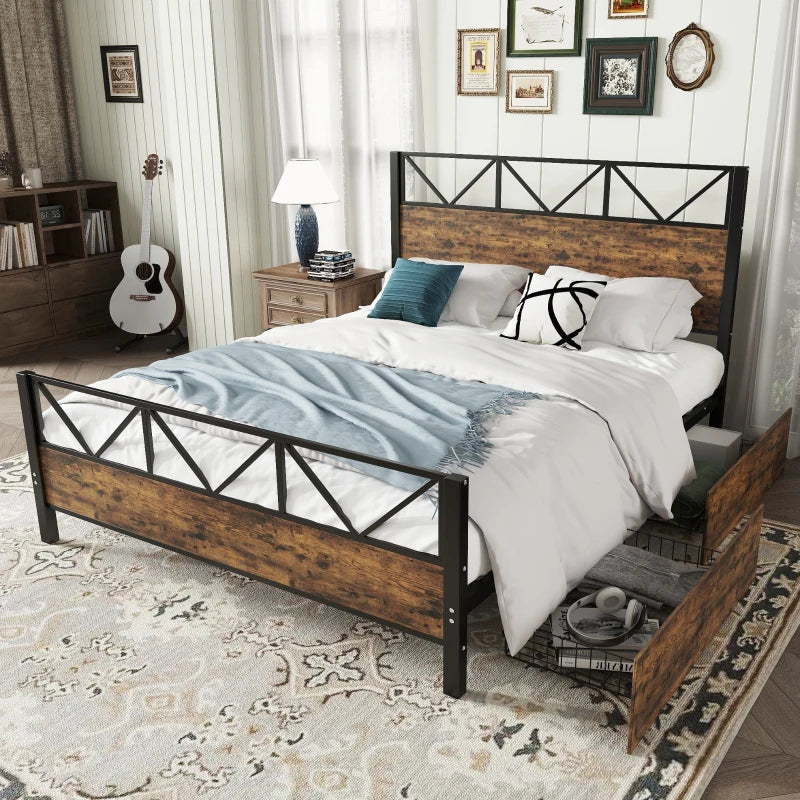 Sturdy Metal Double Bed with 2 Storage Drawers - Iron Frame & MDF, Black, 198L x 137W x 116H cm for Adults & Teens