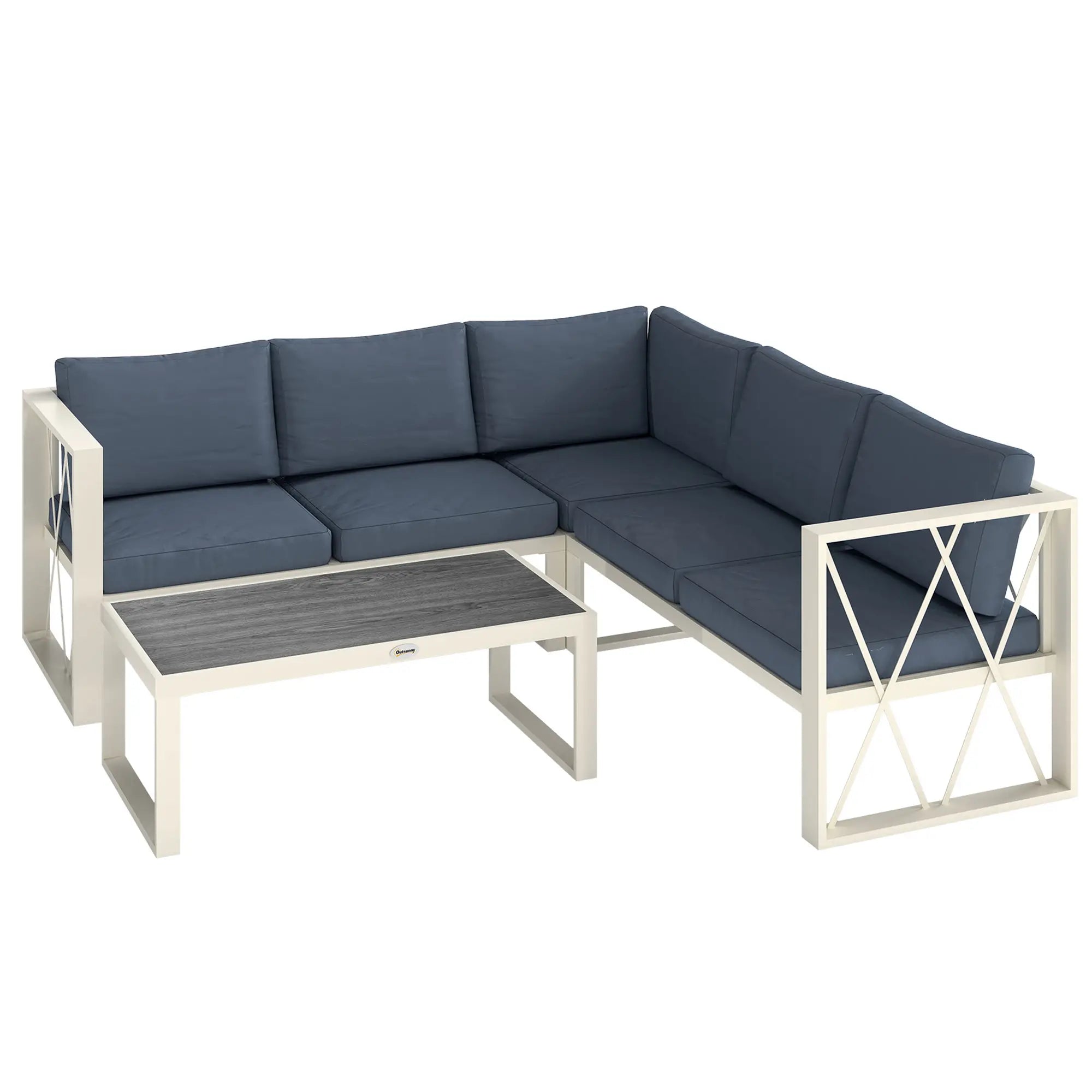 Light Coloured L Shaped Outdoor Sofa with 5-Level Adjustable Lounger - Blue Cushions