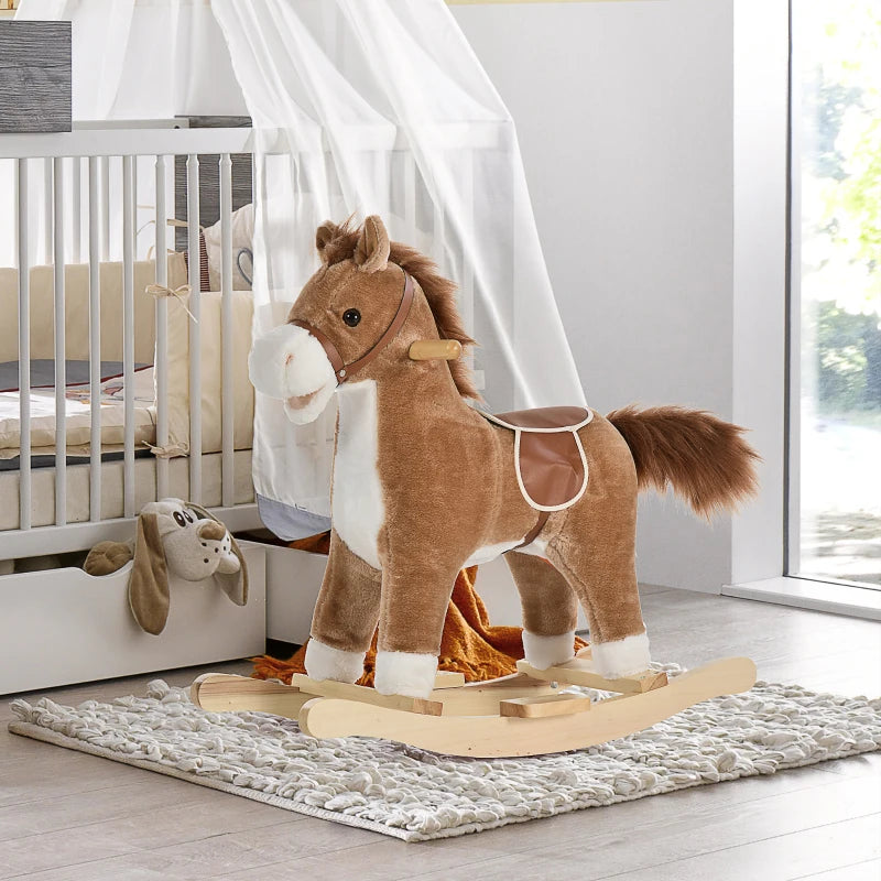 Kids Classic Rocking Horse with Moving Mouth & Neighing Sounds - Brown Plush Toy for Fun Playtime