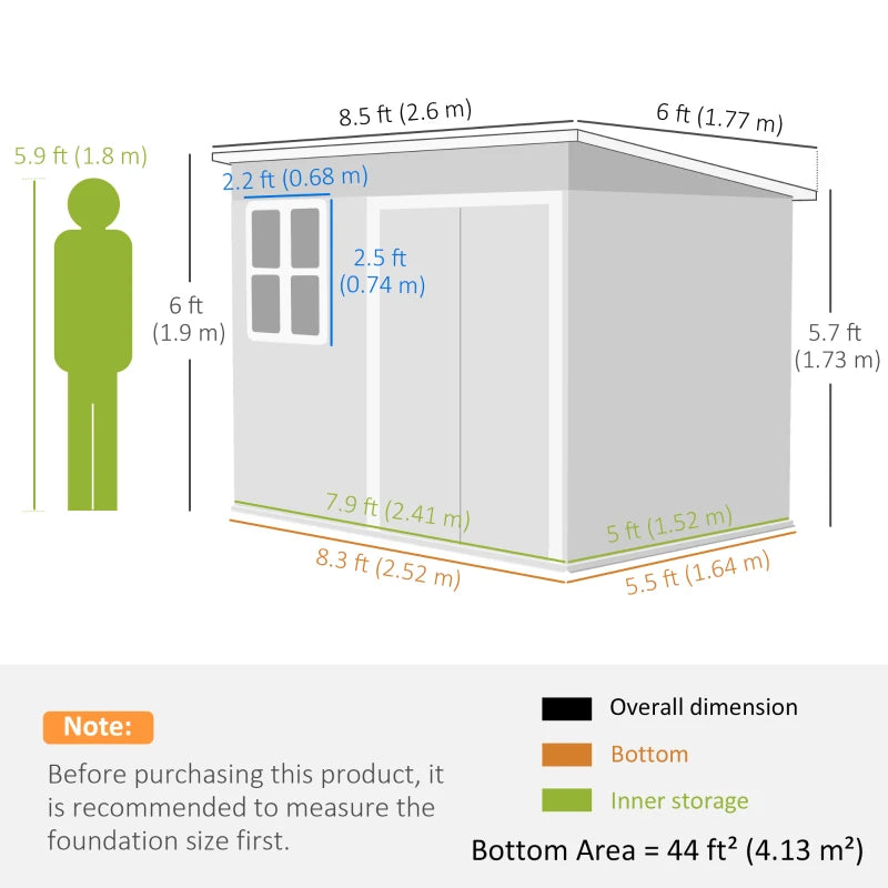 8.5 x 6ft Dark Grey Galvanised Steel Storage Shed - Metal Garden Shed with Foundation Kit, Window, Lockable Wide Doors & Air Vents for Outdoor Patio