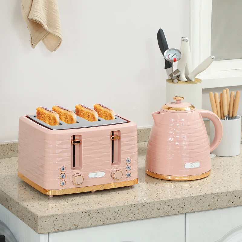 Light Pink 3000W Kettle & 4 Slice Toaster Set - 1.7L Capacity, 7 Browning Controls, Easy Clean Crumb Tray
