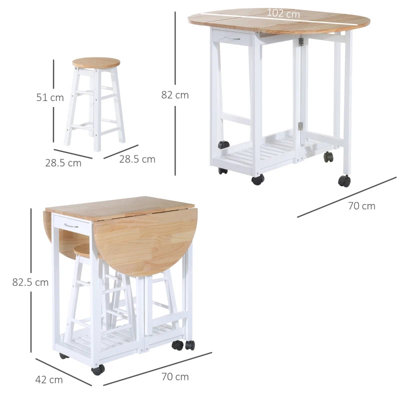 3 Piece Mobile Foldable Dining Room Set with Storage Shelf and Drawers for Home Kitchen Pub White