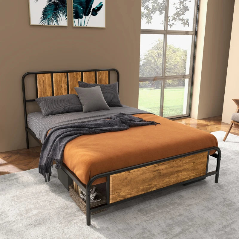 4.8ft Double Bed Frame with Industrial Wood Headboard & Steel Slat Support, 25.5cm Underbed Storage, Rustic Brown, 145x199cm