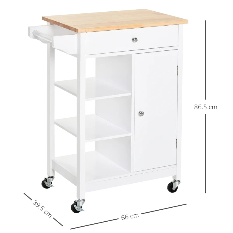 Versatile Kitchen Trolley on Wheels - White Kitchen Island with Wood Top, 3 Shelves & Storage Cupboard