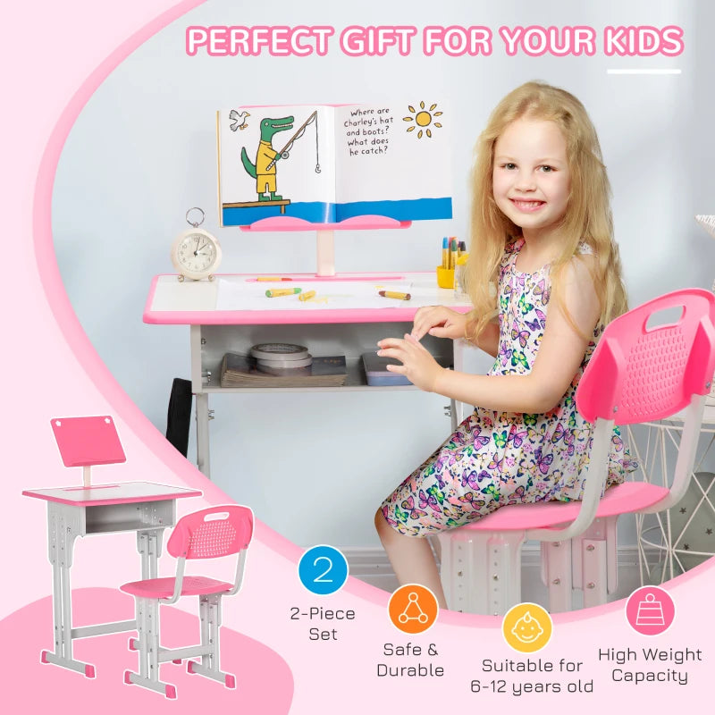 Kids Adjustable Desk and Chair Set with Book Stand and Pen Slot - Stylish Pink Study Furniture for Children