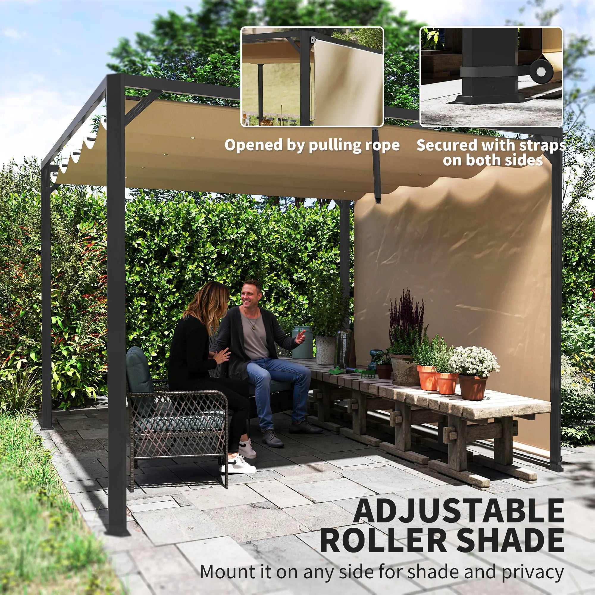 3m x 3m Aluminium Pergola With Retractable Roof and Wall - Khaki