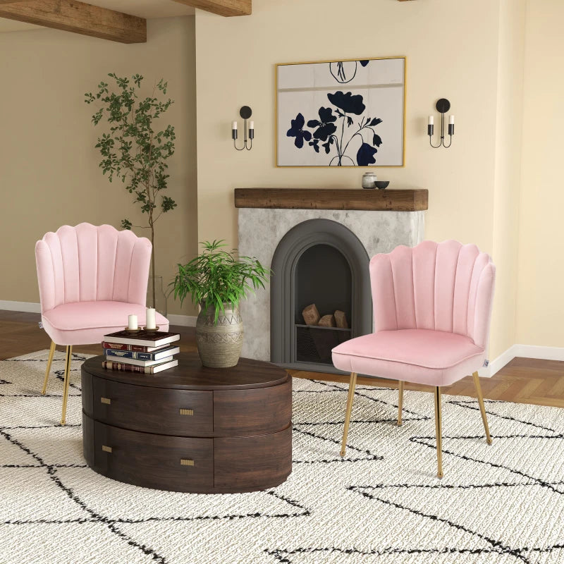 Set of 2 Velvet Upholstered Dining Chairs with Gold Metal Legs, Stylish Lounge Chairs for Living Room, Pink