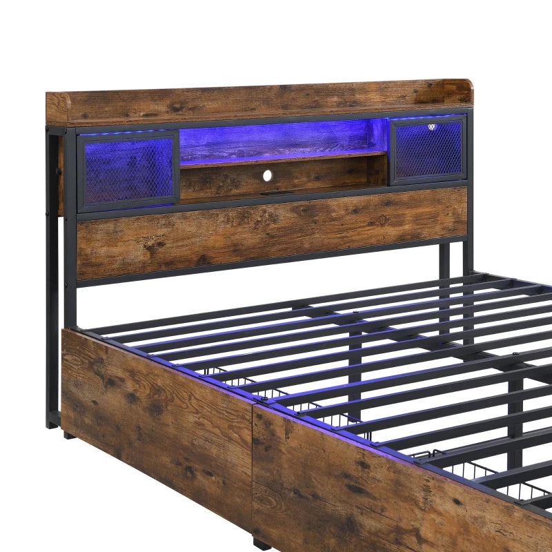 Metal Double Bed with LED Light Strip, USB Ports & 2 Drawers - Sturdy Iron Frame, Black, 207x135.5x83.5 cm